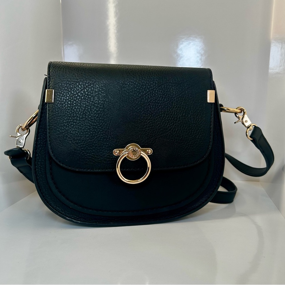 Poppy & Peonies Black Crossbody Saddle Bag with Gold Ring Hardware